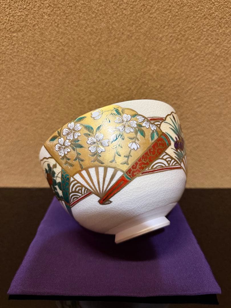 清閑寺　杉田祥平　色絵青海波扇面画茶碗　共箱