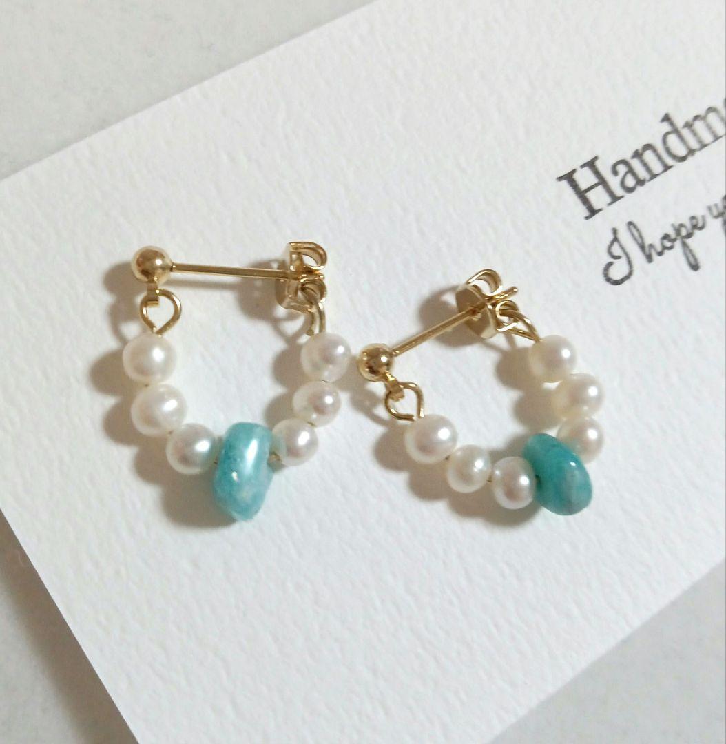 1503 癒しを与える✨️　淡水パール　アマゾナイトピアス　ハンドメイド