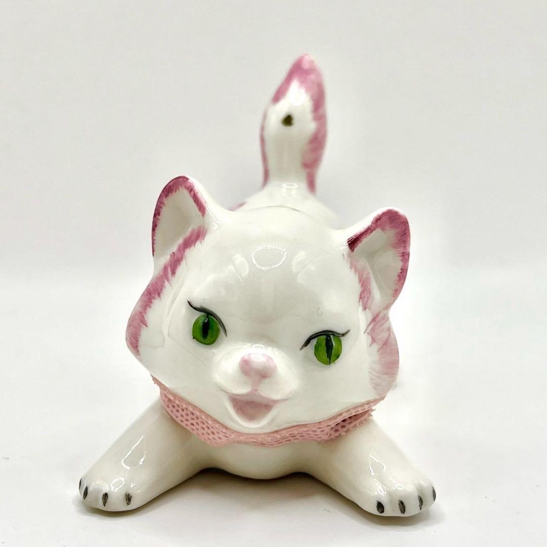 希少 アイリッシュドレスデン フィギュアリン 猫 ピンク 花 ヴィンテージ 置物