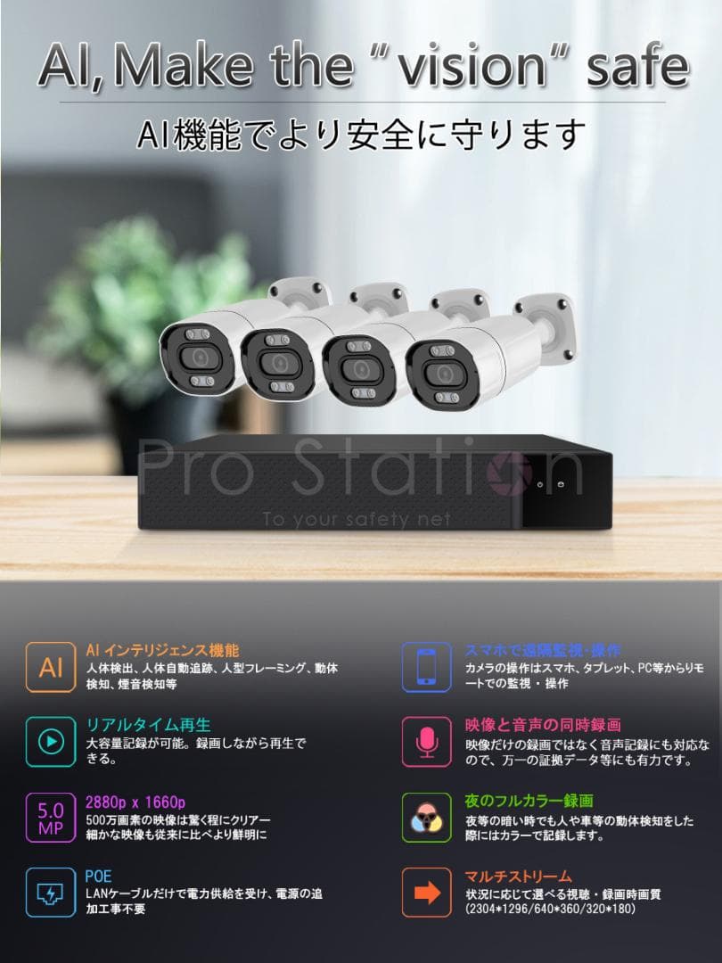 POE防犯カメラ500万画素4台 NVRセット H.265