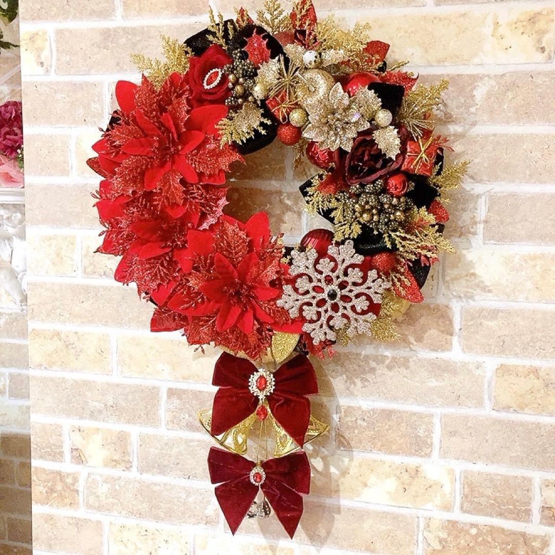クリスマスフラワーリース♡ベルベットローズと2連ベルのクリスマスリース♡