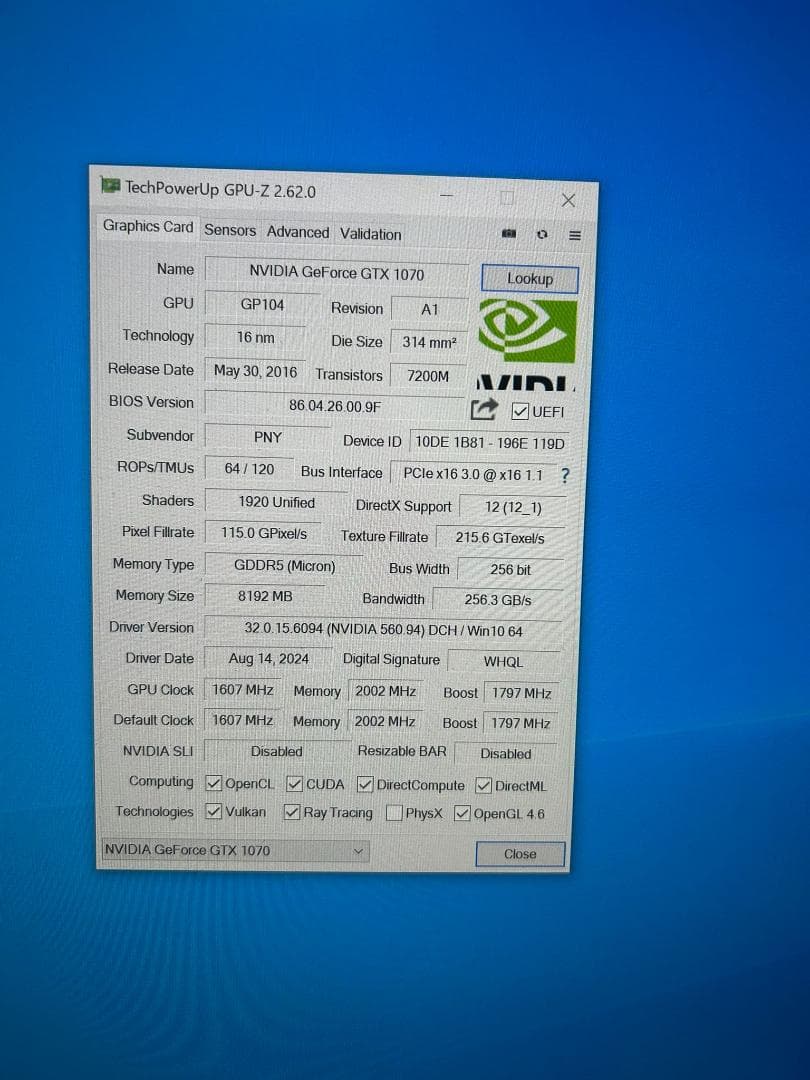 中古 PYN Geforce GTX1070 8GB 動作確認済