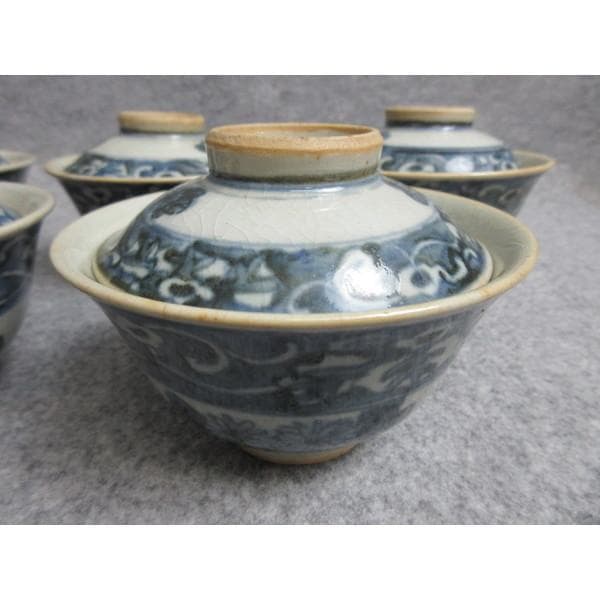 犬山焼染付花唐草文蓋茶碗 5個 [B28564]