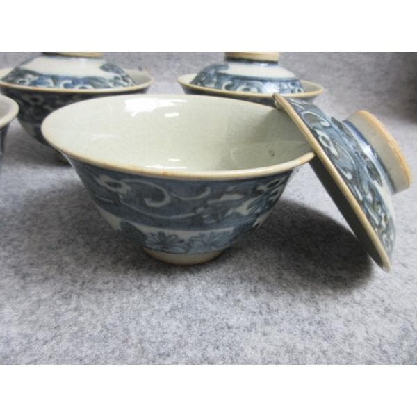 犬山焼染付花唐草文蓋茶碗 5個 [B28564]