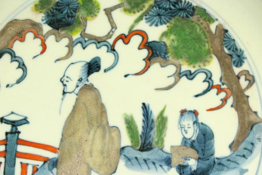 中国美術 色絵 人物紋 菱口皿(ZE744)