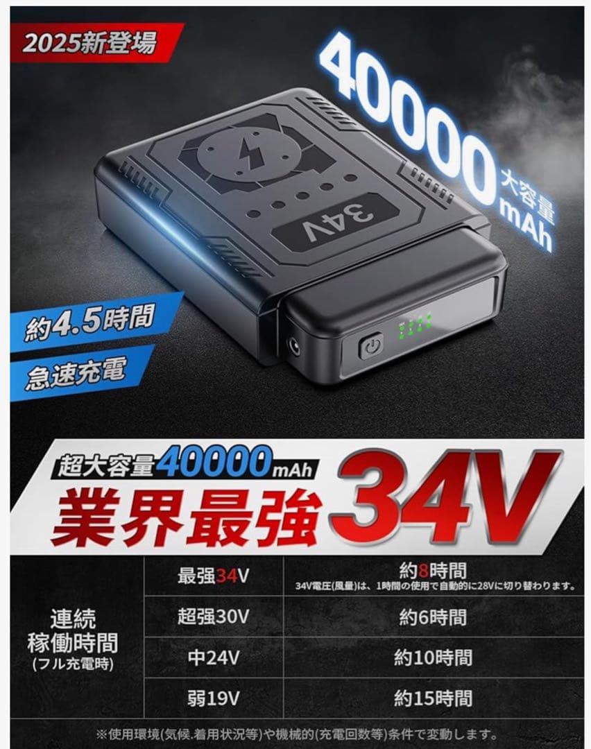 THEKUKU 34V ファンバッテリーセット 40000mAh