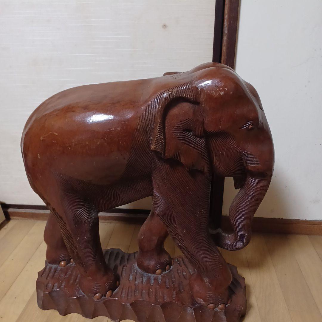 置物 オブジェ インテリア 木彫り 象 木彫 彫刻 工芸品　大きめ