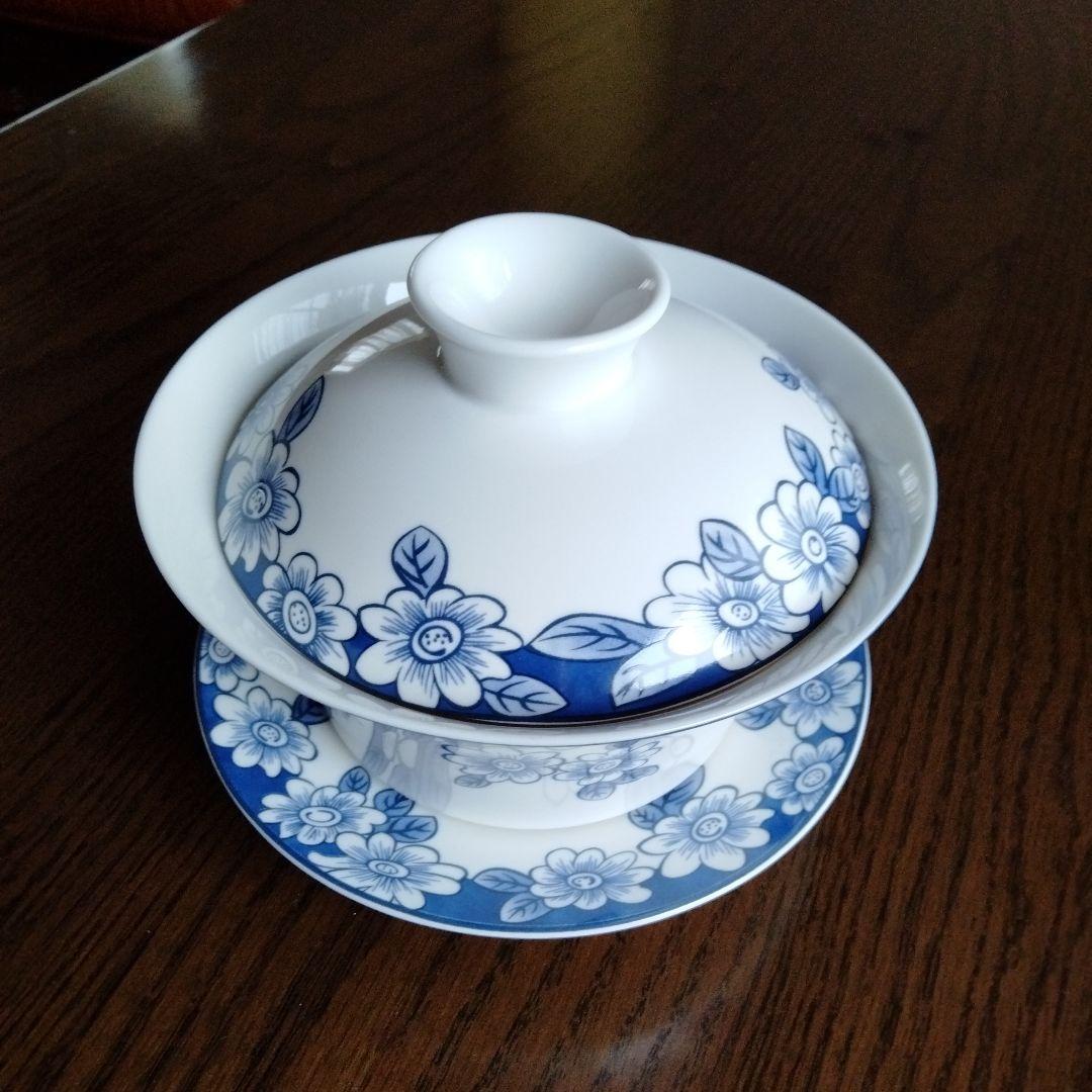 中国骨董【染付青花高台蓋皿付碗】茶道具大き目サイズ茶碗蓋皿3点セット最高級陶磁器