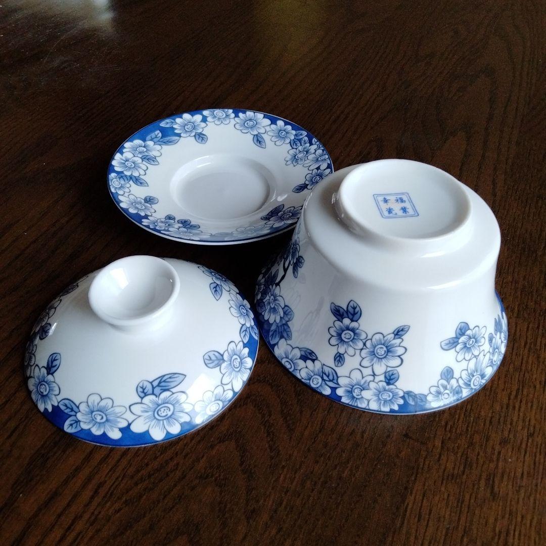 中国骨董【染付青花高台蓋皿付碗】茶道具大き目サイズ茶碗蓋皿3点セット最高級陶磁器