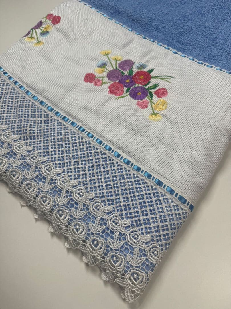 ハンドメイド バスタオル ブルー×ホワイトレース 新品】