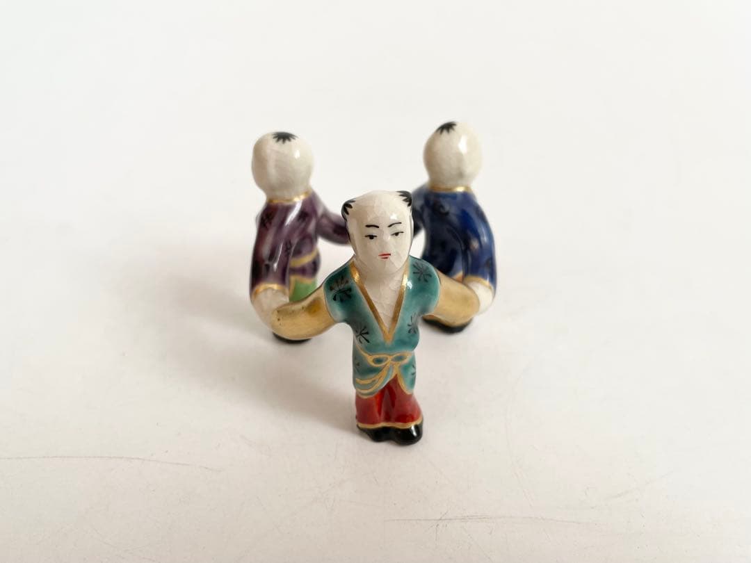 陶芸家　平安　手塚桐鳳　色絵　三ツ人形　蓋置　共箱　茶道具