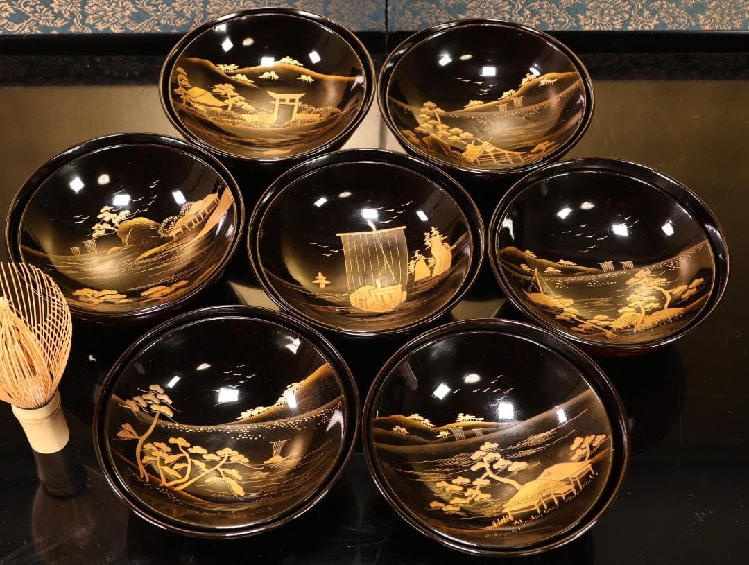 BK530　時代輪島塗　日本名所蒔絵　槻木（欅）地溜塗　吸物椀　絵違　七客　共箱