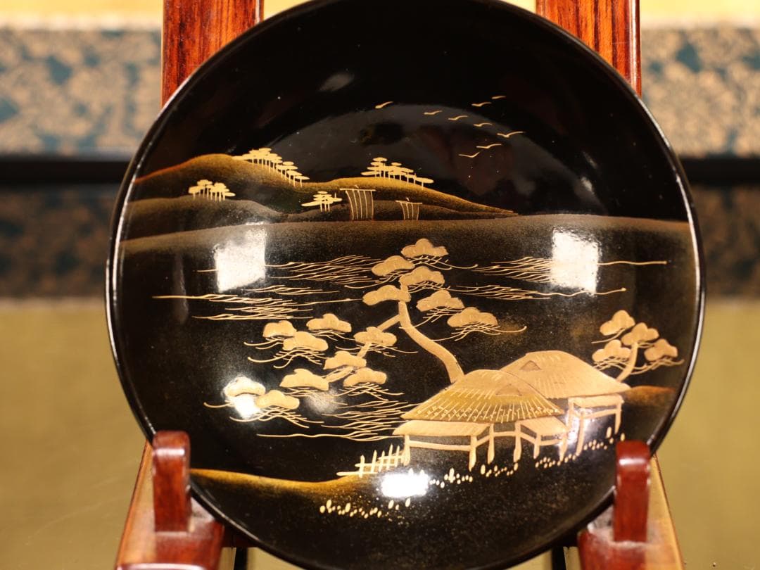 BK530　時代輪島塗　日本名所蒔絵　槻木（欅）地溜塗　吸物椀　絵違　七客　共箱