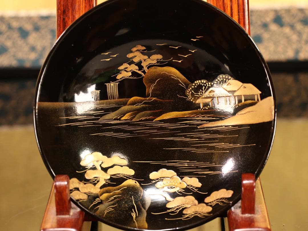 BK530　時代輪島塗　日本名所蒔絵　槻木（欅）地溜塗　吸物椀　絵違　七客　共箱