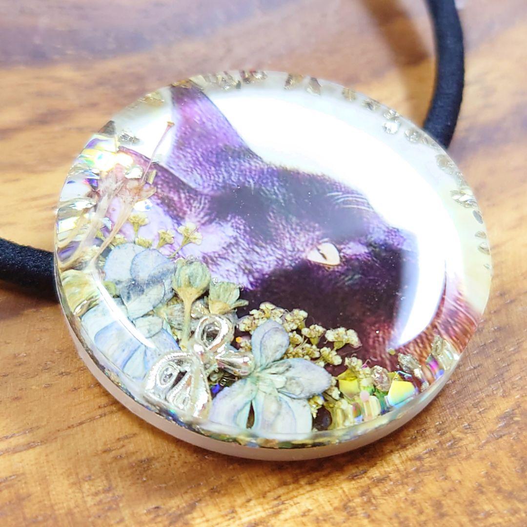 押し花と黒猫ちゃんのヘアゴム ハンドメイド レジン ネックレス ブローチ お花