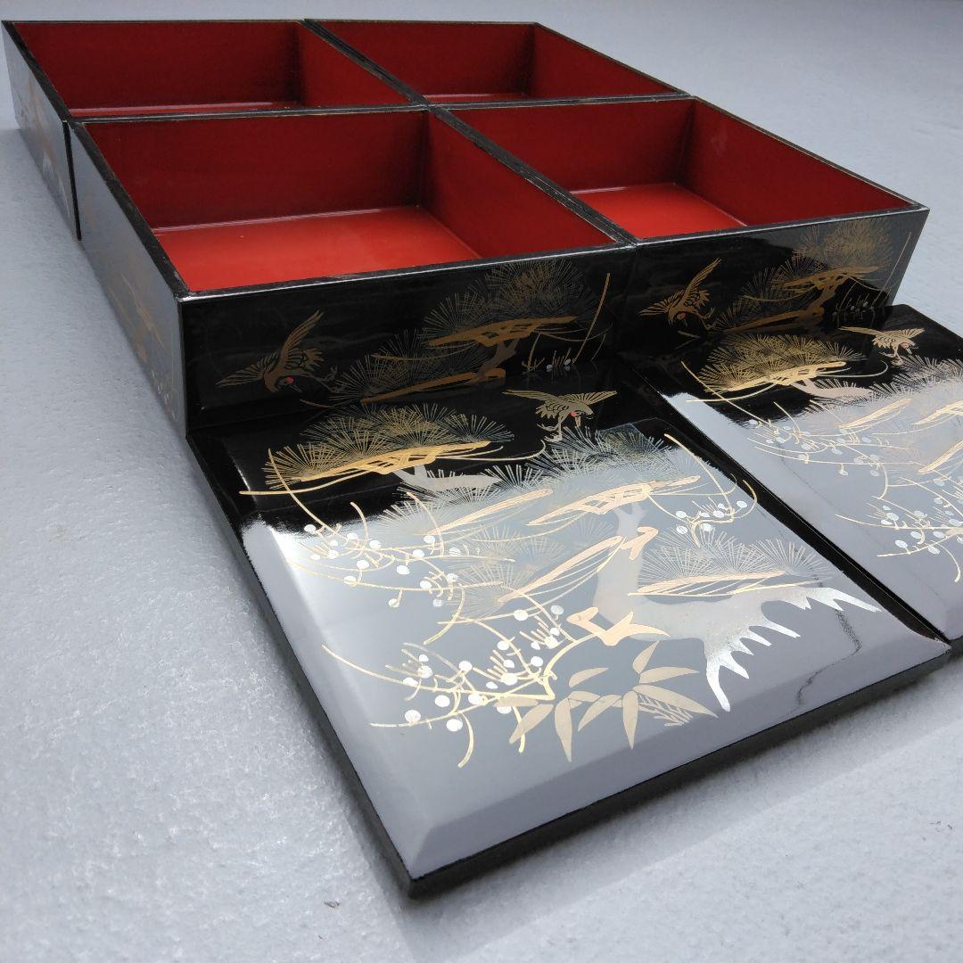 黒塗二段重 内朱塗 本漆 蒔絵 鶴 松 重箱 2組 木製懐石 時代物