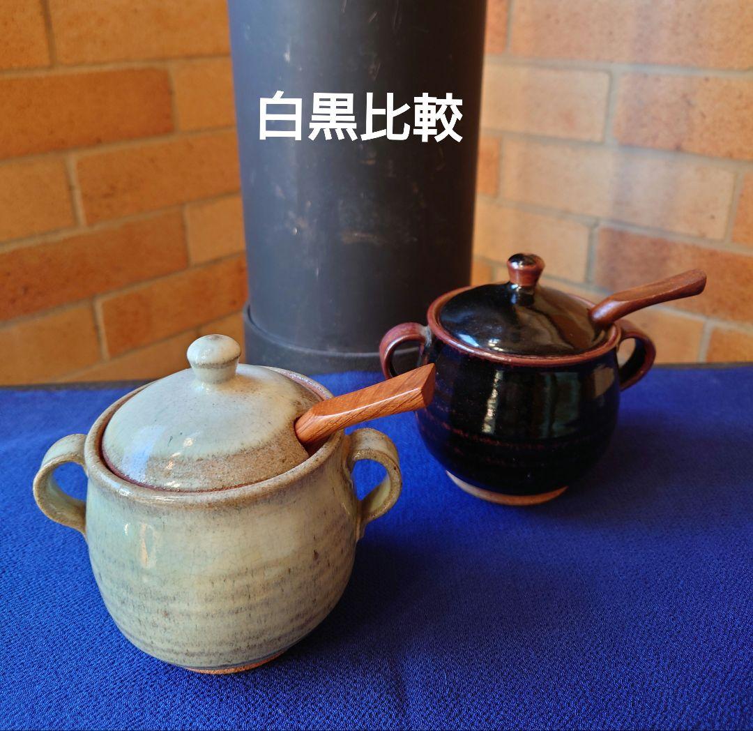作家物　斑唐津　シュガーポット　手彫りの木製スプーン付き　蓋物　ビンテージ