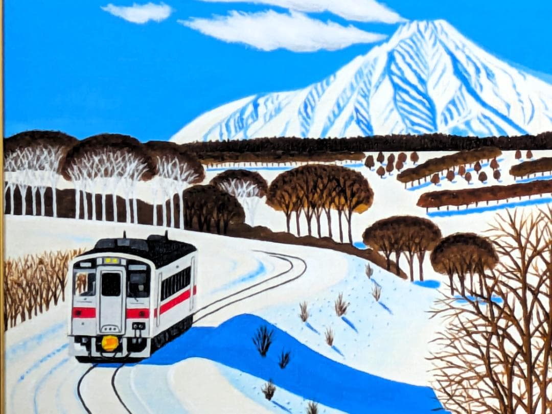 ★冬の利尻富士と走る電車・肉筆油彩画・F6キャンバス
