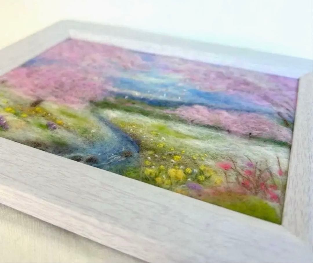羊毛フェルト風景フレーム　羊毛絵画　春の小川Spring has come