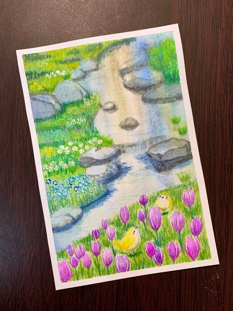 むー水彩画　小川のほとりに咲くクロッカス　値段は※900円です