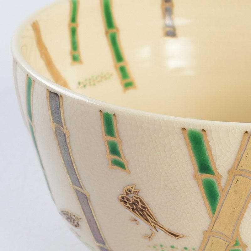 茶道具　京焼　三宅陽春造　色絵　竹に雀図　茶碗　共布共箱　V　9509