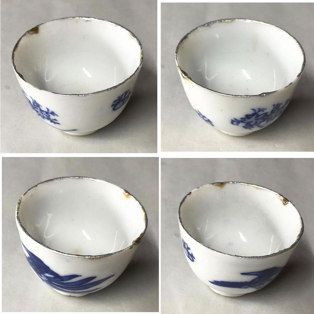 e1444 豆茶器 湯冷まし 煎茶碗 5客 染付 在銘 陶丘 京焼 茶道具