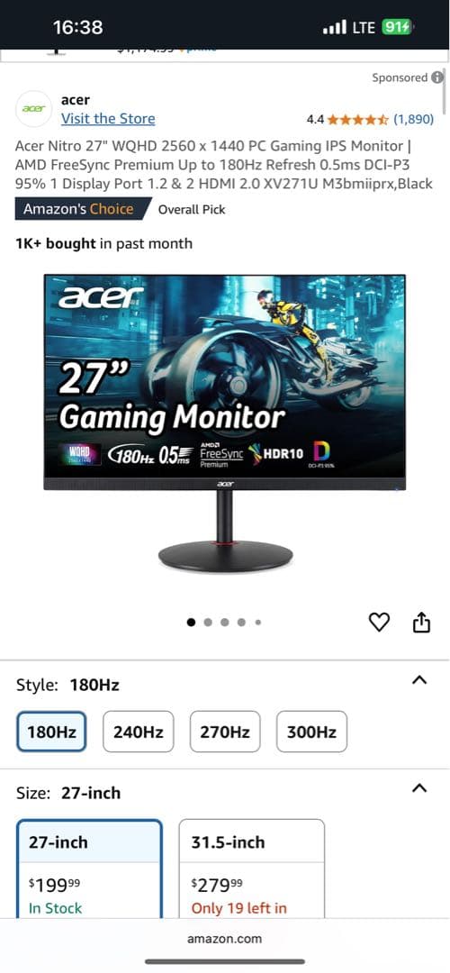 Acer XV271U 27インチ モニター