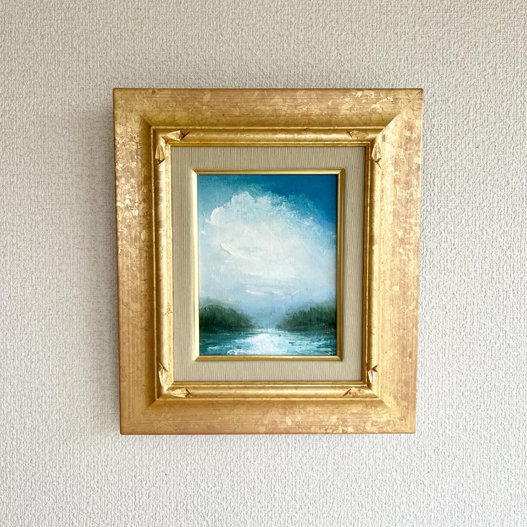 【額付き】雲と川の風景 風景画 油絵 原画 0号 インテリア