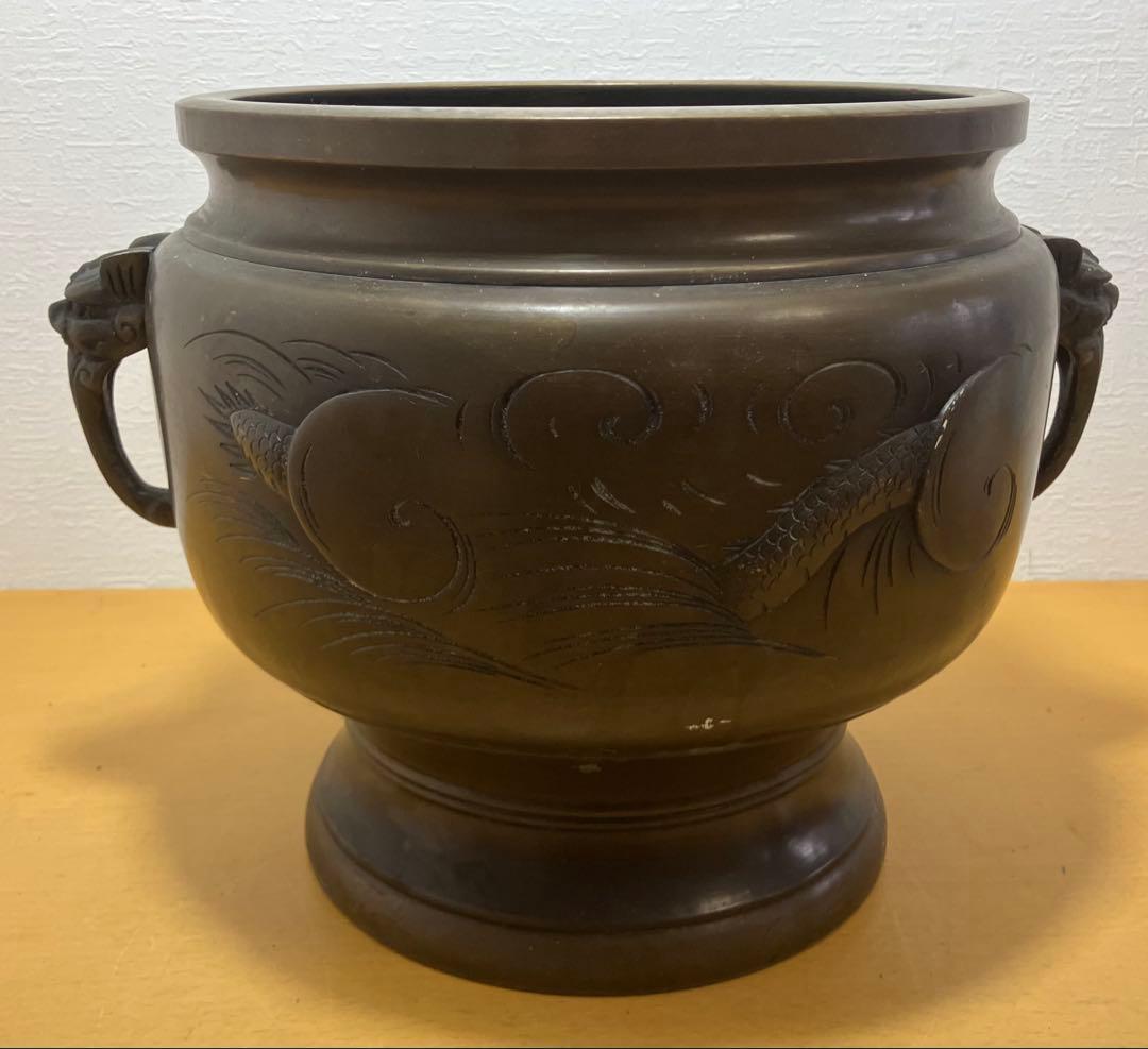 【名工】金屋五郎三郎 造 唐銅 龍虎浮彫 火鉢 瓶掛 骨董 古美術