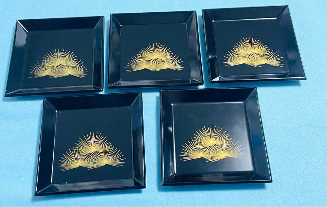 木製銘々皿 5客 木製 黒 48角皿 沈金 若松 漆器