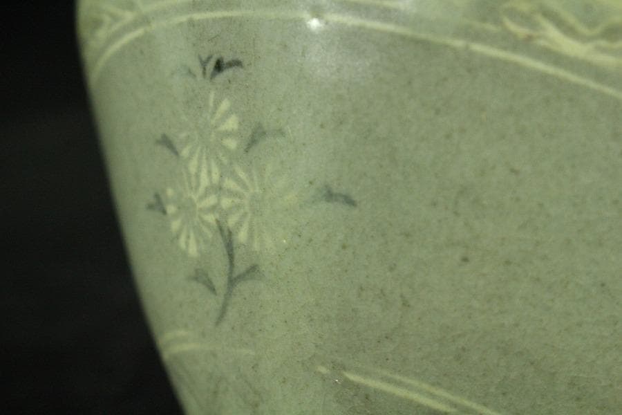 高麗 草花象嵌 青磁 茶碗 時代 茶道具(K-A990)