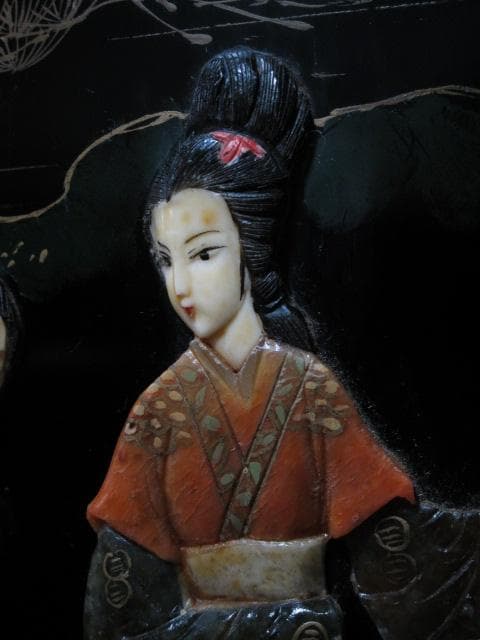 中国美術 黒漆 玉石細工 宮廷美人図 観音開き キャビネット 飾り棚 箪笥