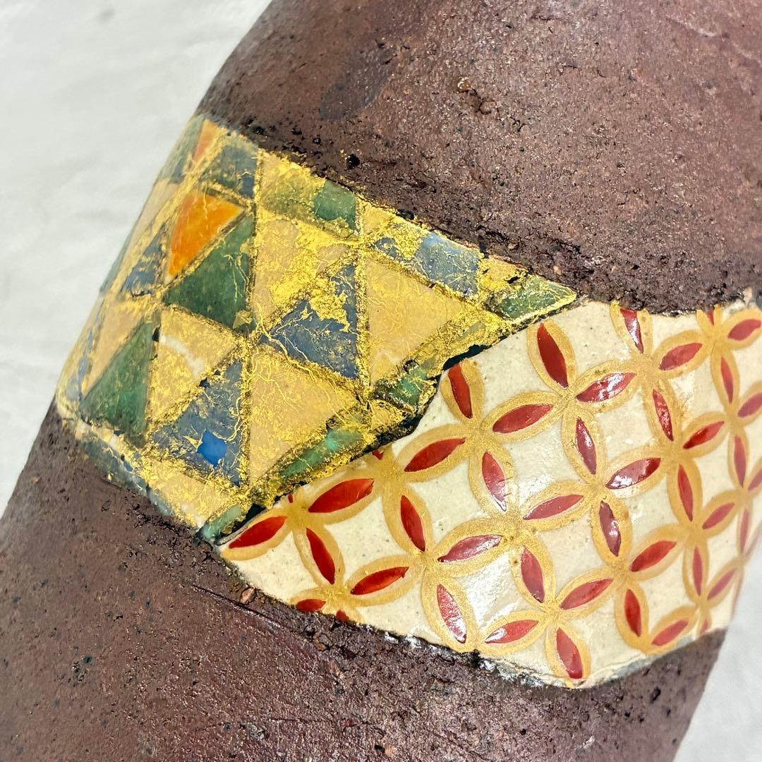 未使用品 【中村梅山】金彩 象嵌色絵 瓶 花瓶 花器 陶器 作家物