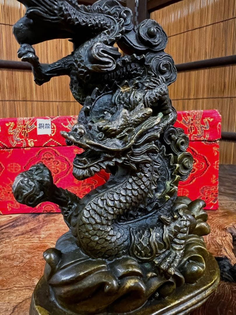 中国美術 時代 銅製 龍雲遊波紋 共箱
