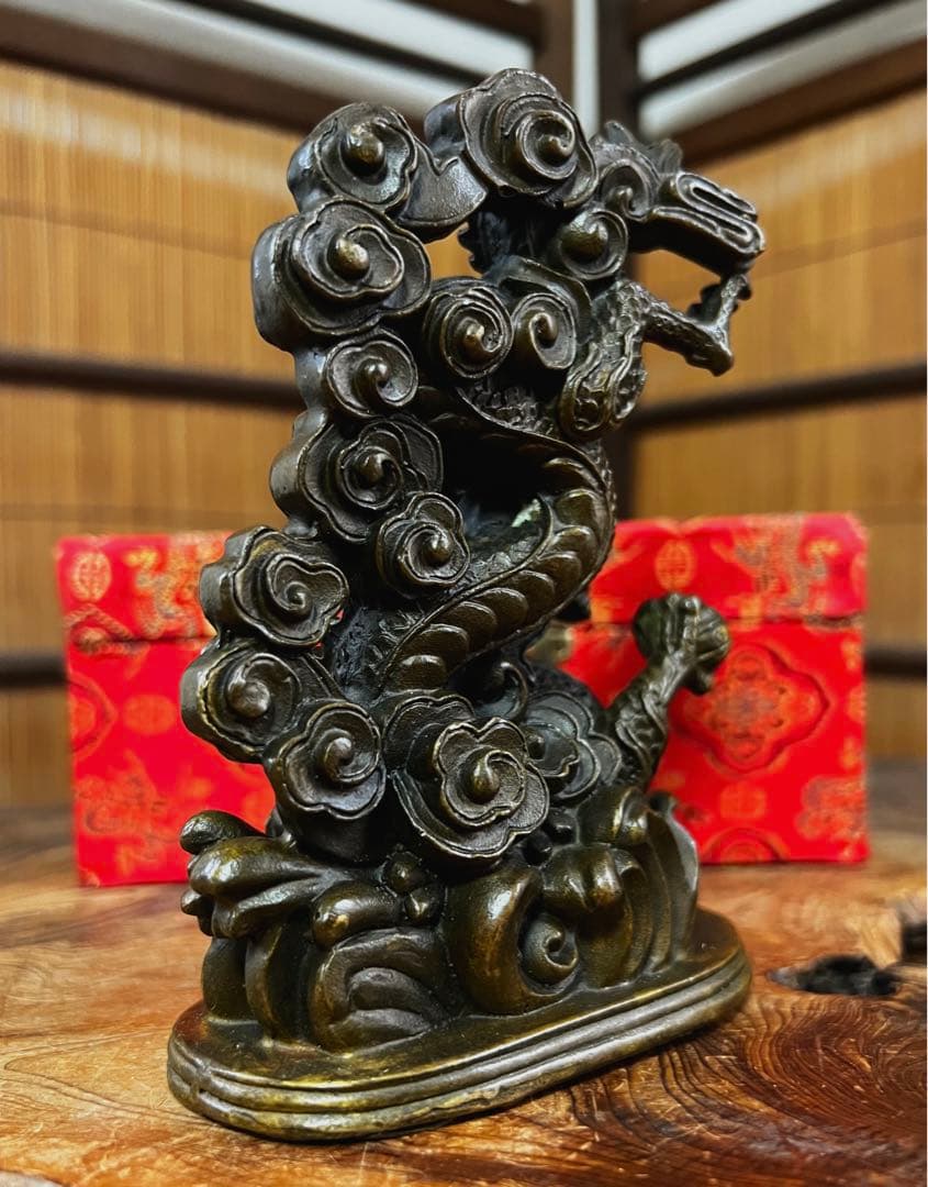 中国美術 時代 銅製 龍雲遊波紋 共箱