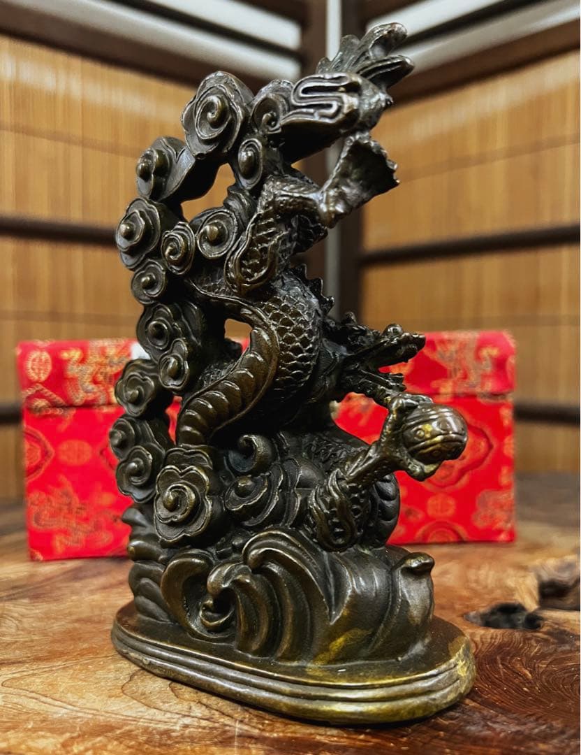 中国美術 時代 銅製 龍雲遊波紋 共箱