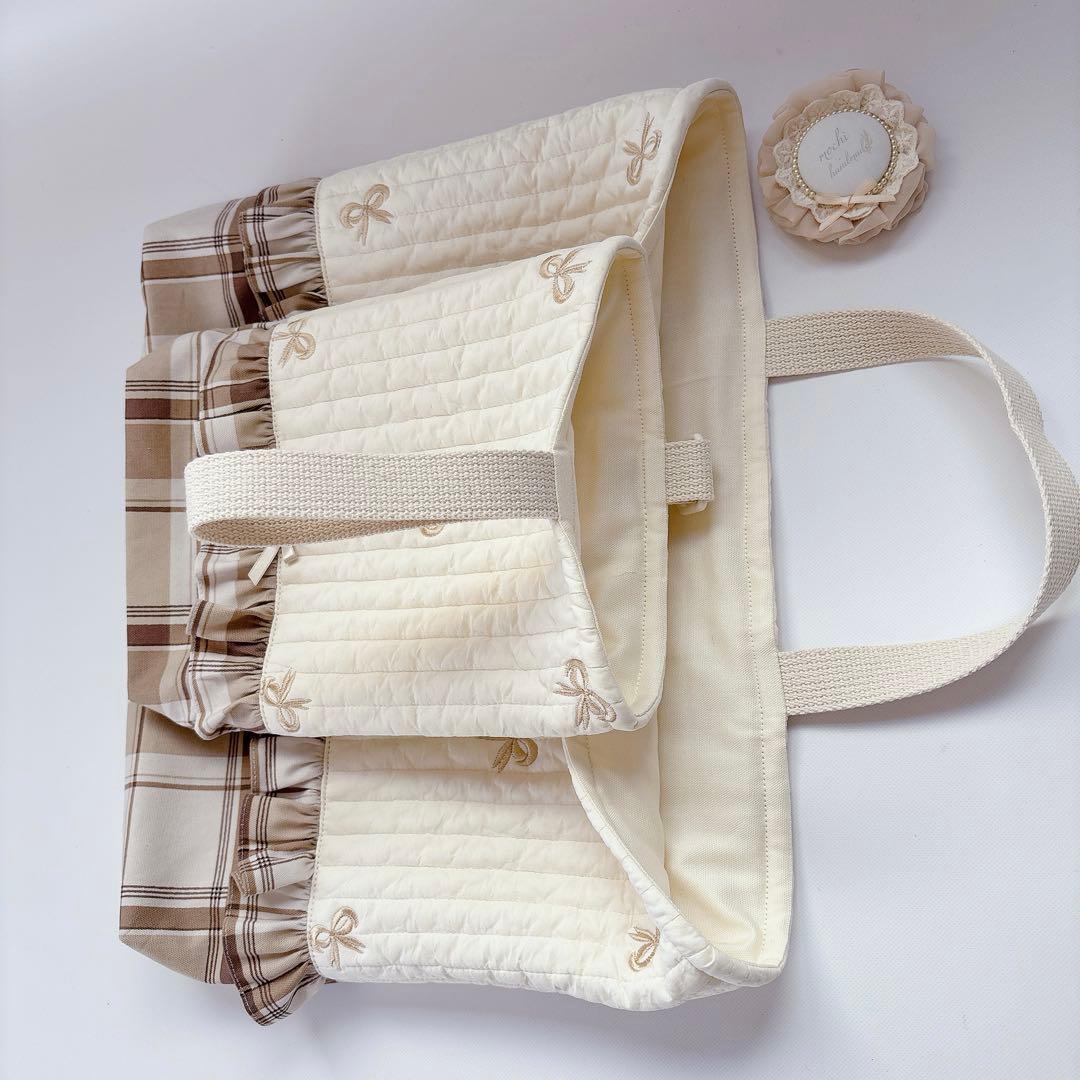 ヌビ　レッスンバッグ　上履き袋　りぼん　刺繍生地　キルト　キルティング