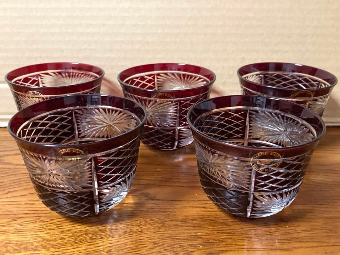 新品 ビンテージ 色被硝子 シルクロード HAND CUT 切子ガラス 5個