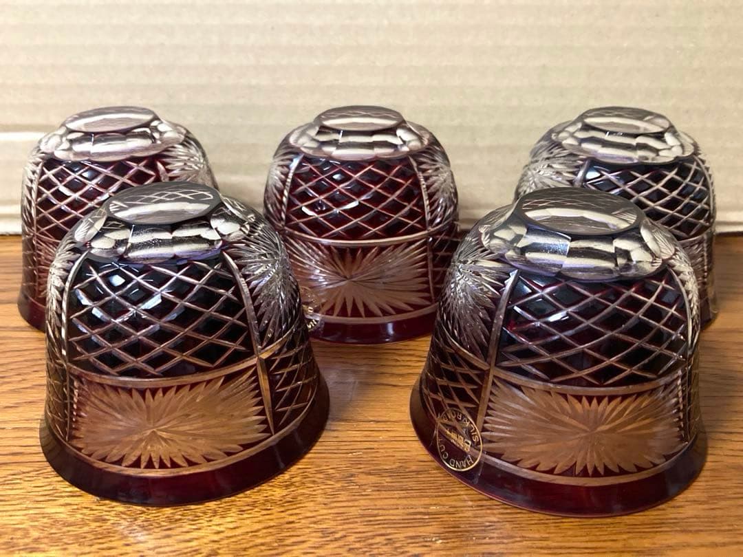 新品 ビンテージ 色被硝子 シルクロード HAND CUT 切子ガラス 5個
