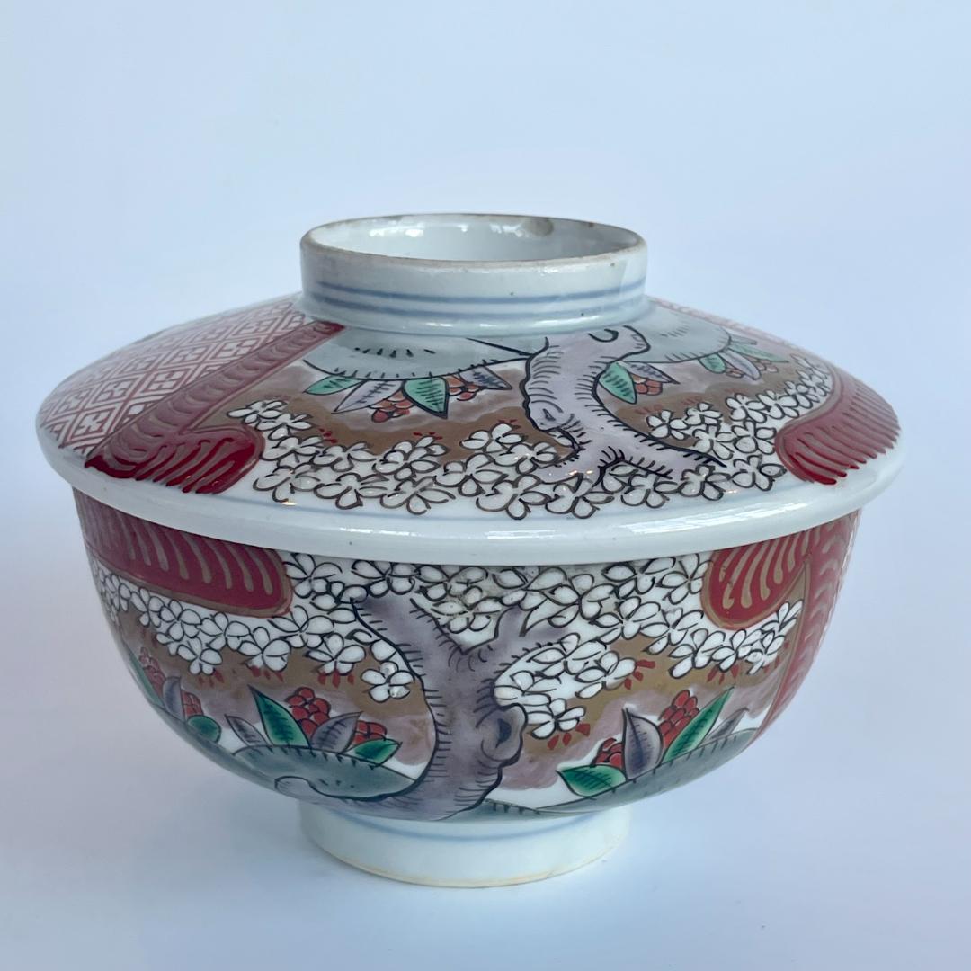 明治 古伊万里 色絵 金彩 金蘭手 桜花文 蓋付椀 3客揃 煮物椀 蒸碗 時代