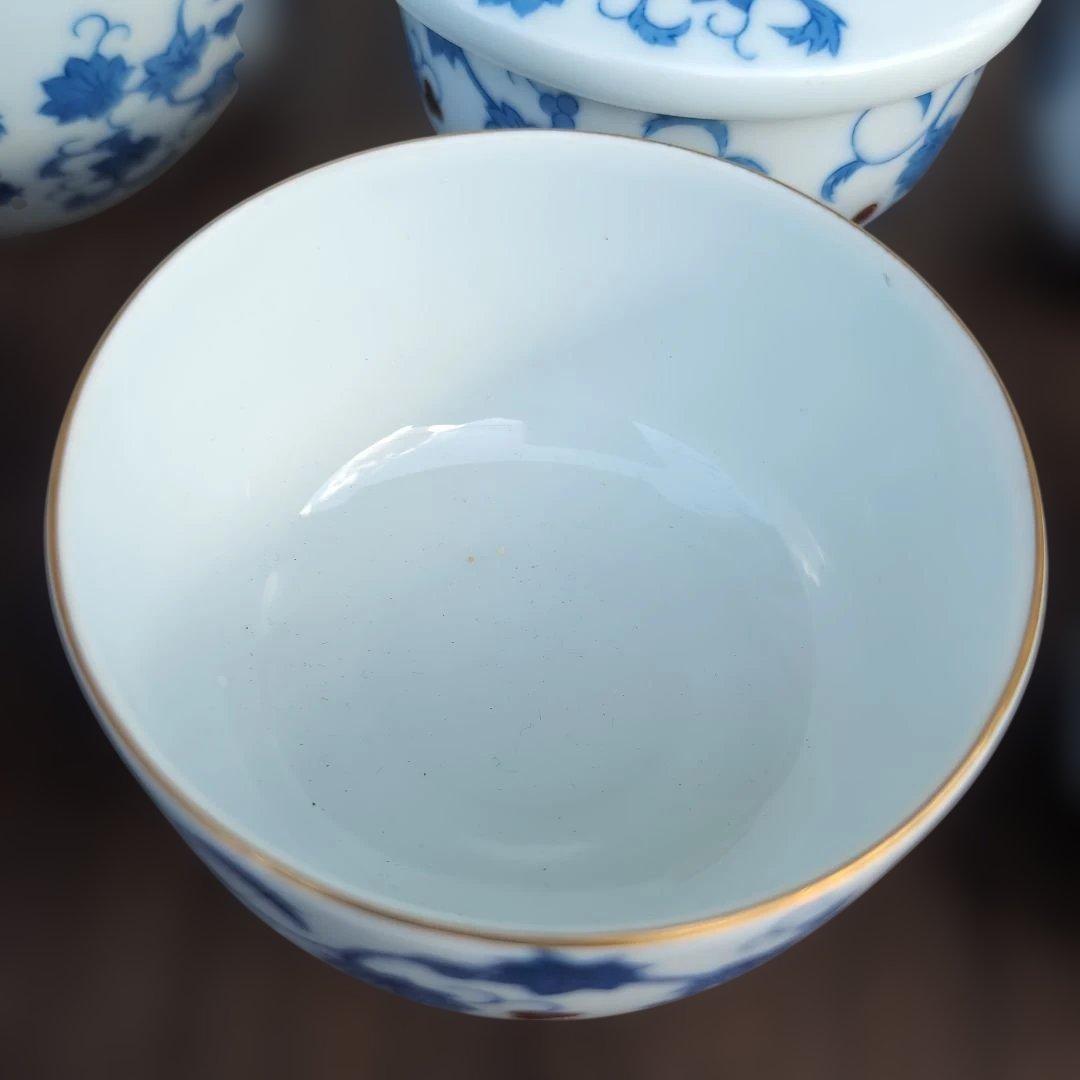 深川製磁 染付唐草文 煎茶器揃 急須 蓋付茶碗 五客 富士山印 有田焼