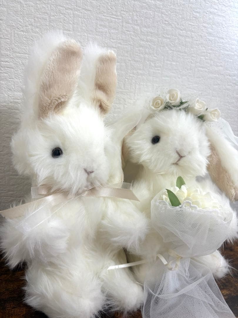 ハンドメイド　ぬいぐるみ　うさぎ　寄り添ううさぎ　ウェディングペア　一点もの
