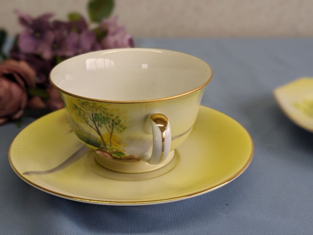 オールドノリタケ トリオ ティーカップ＆ソーサー ケーキ皿 湖畔 ハンドペイント