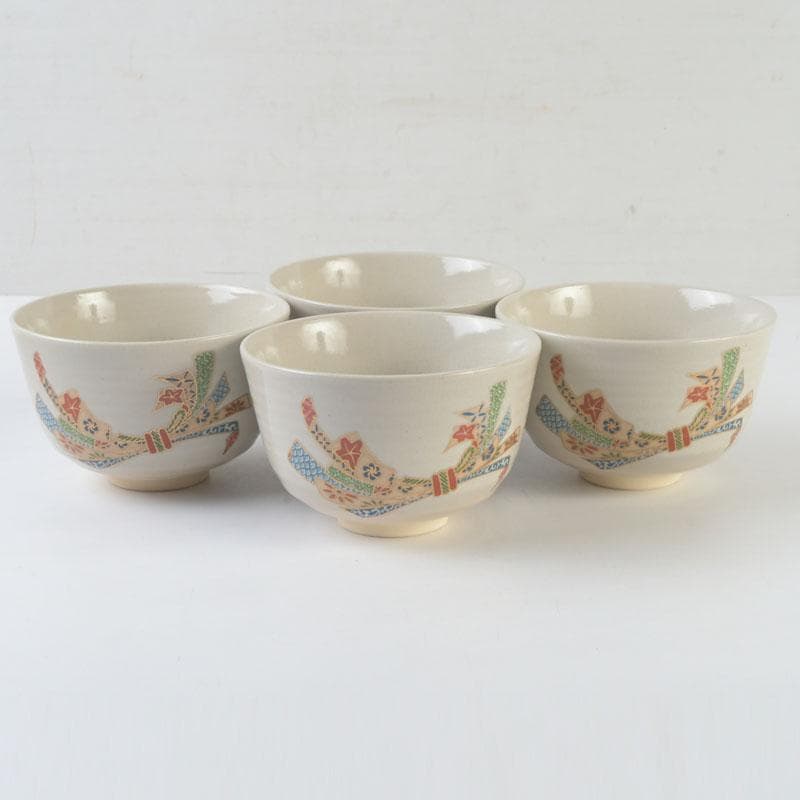 茶道具　京焼　加藤昌山作　色絵金彩　束熨斗文　数茶碗　四客　C　A68