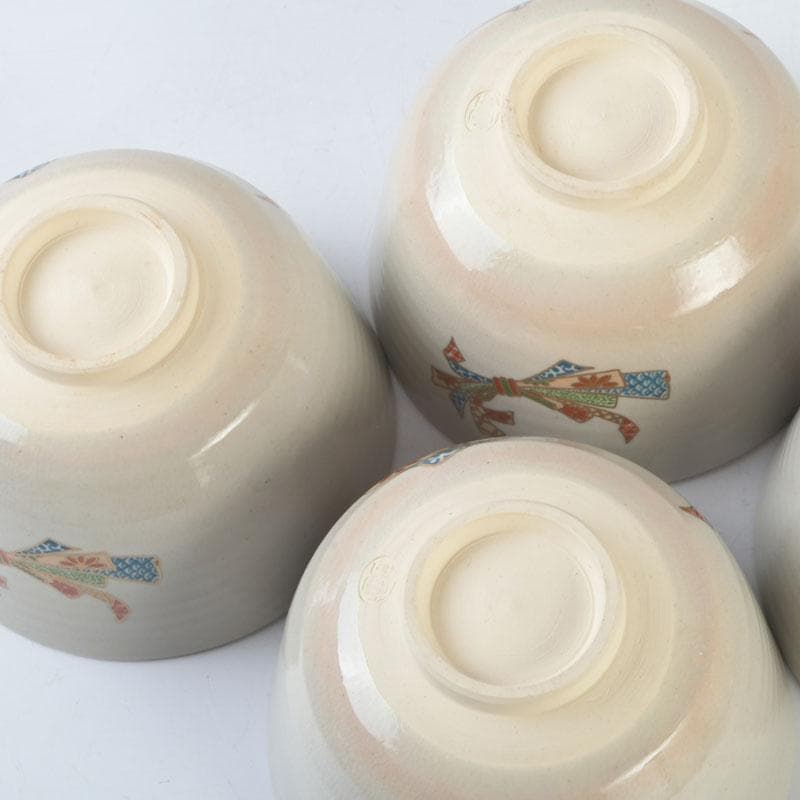 茶道具　京焼　加藤昌山作　色絵金彩　束熨斗文　数茶碗　四客　C　A68