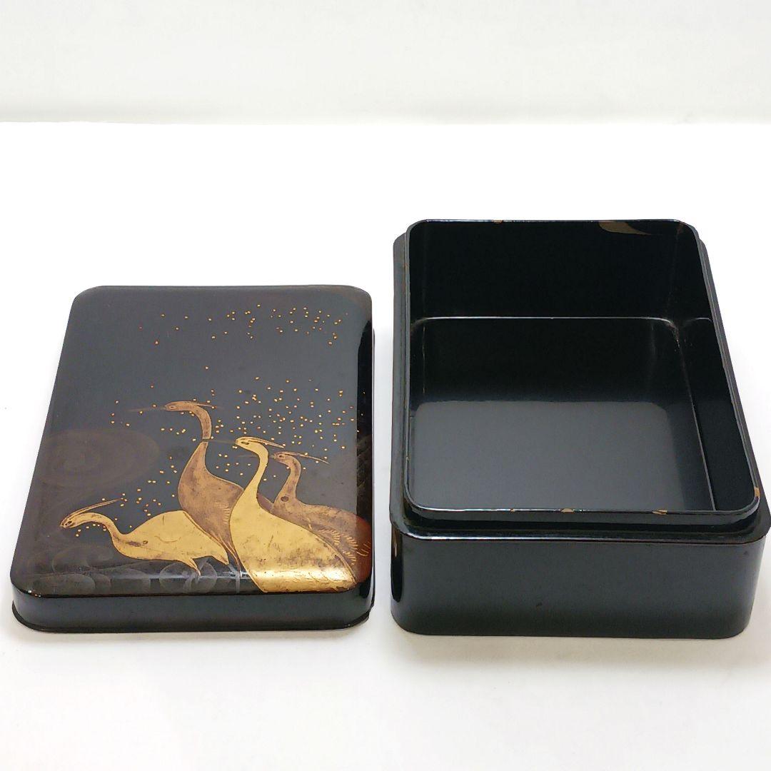 Y3113-1 漆器 漆塗り 金蒔絵 鶴図 文箱 14㎝ 時代物　PP