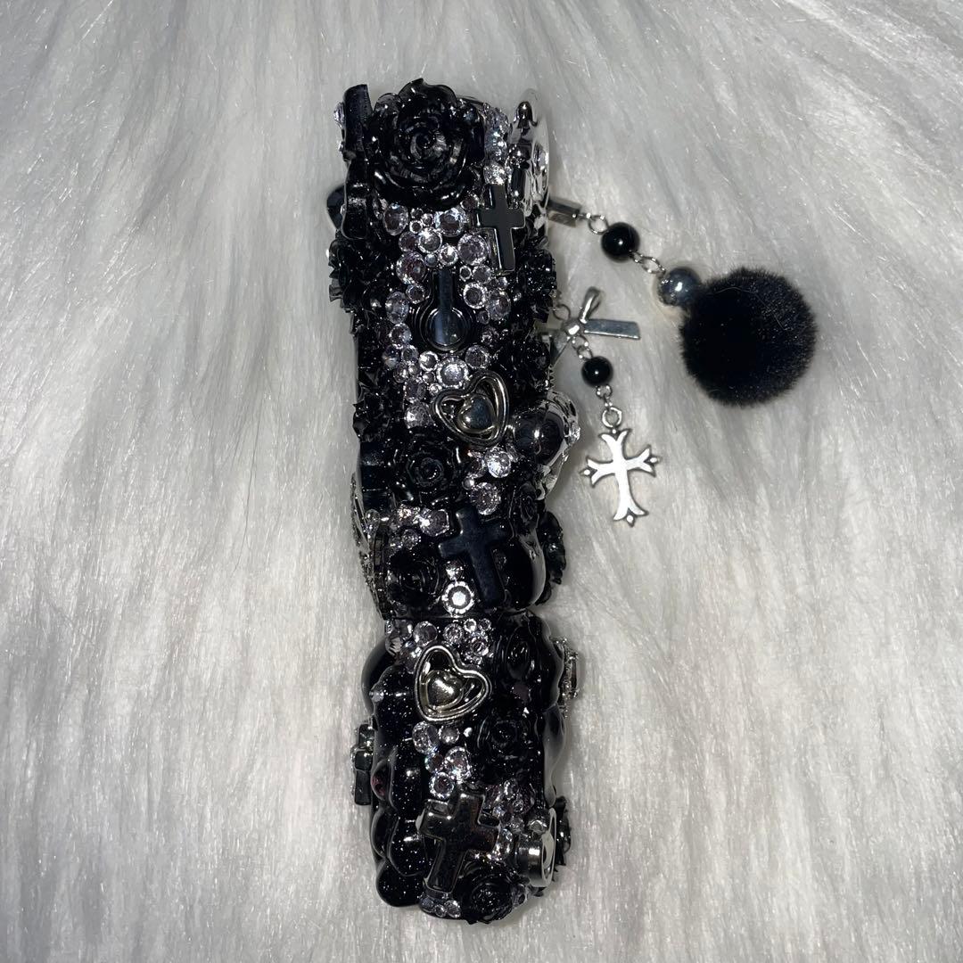 ★ iQOSケース デコ black×silver チャーム付き 【95】