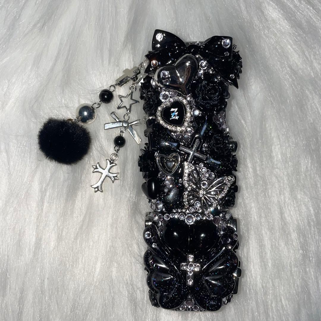★ iQOSケース デコ black×silver チャーム付き 【95】