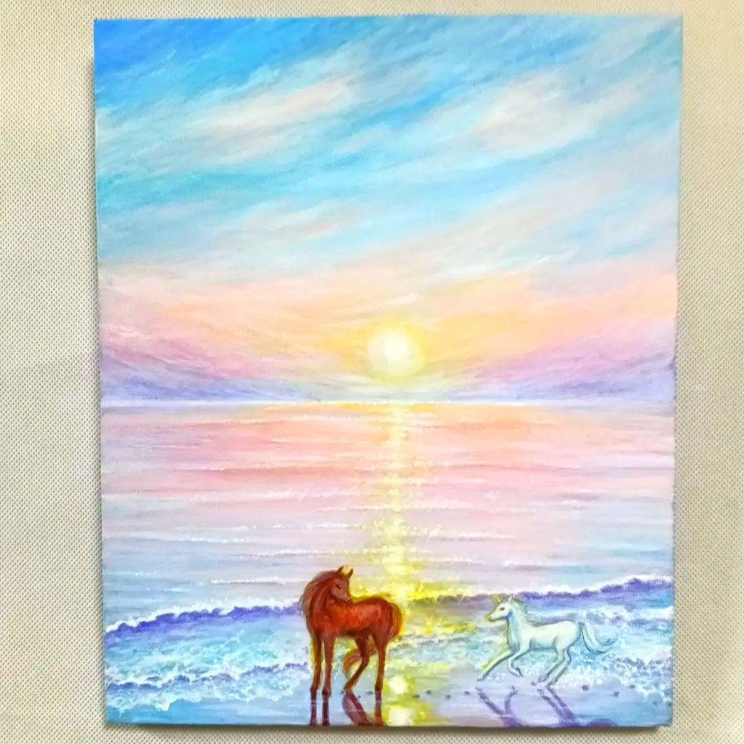 No.560 F3　浜辺の馬　アクリル画　原画　干支　午年　開運絵画