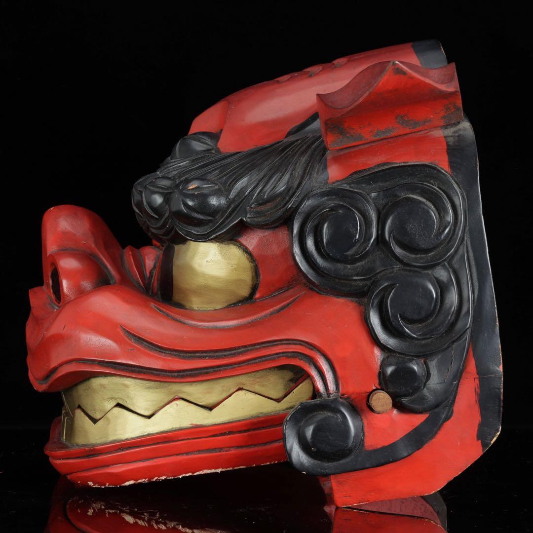 ハ*ル様 時代物 木彫獅子頭 朱漆金彩 幅49cm 獅子舞 神楽面 魔除 縁起物